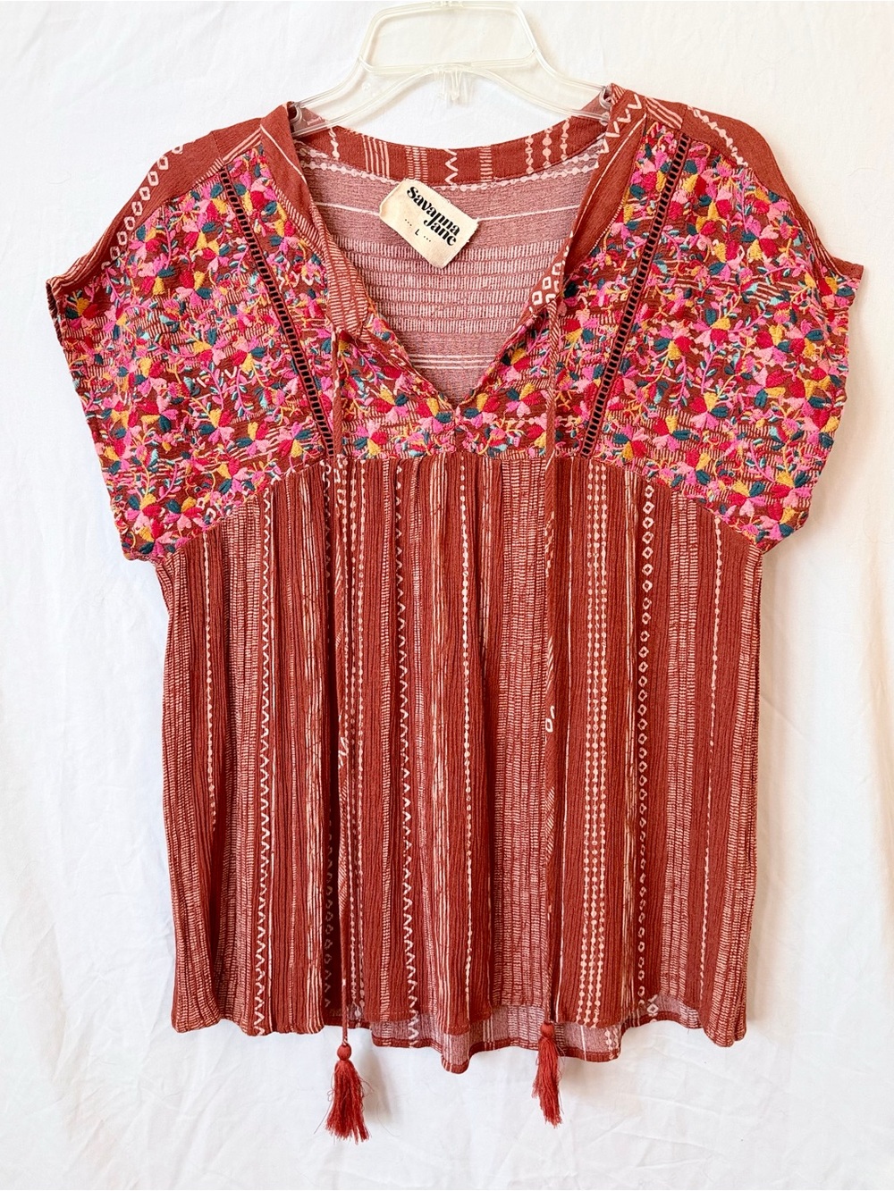 Embroidered Floral Peasant Blouse Rust Savanna Jane Tassel Top